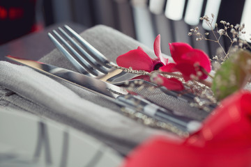 Table place setting with holidays decoration.
