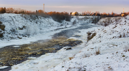 Winter landscape on the river. River Tosna winter. Russia, Saint-Petersburg