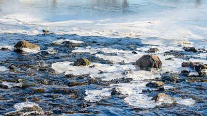 River rapids with rocks and icy patches