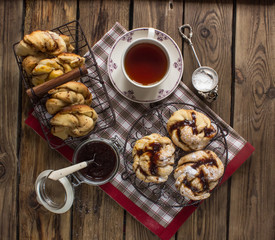 Homemade yeasted buns with jam. Selective focus