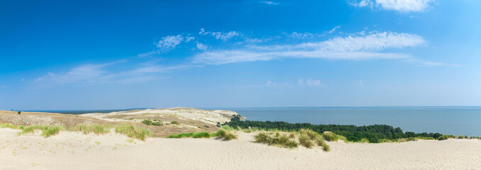 Panoramic view on dunes of the Curonian spit. This place to the highest drifting sand dunes in Europe. Nida, Lithuania.