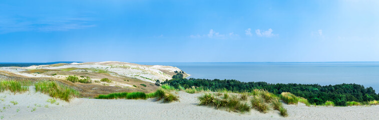 Panoramic view on dunes of the Curonian spit. This place to the highest drifting sand dunes in Europe. Nida, Lithuania. - obrazy, fototapety, plakaty