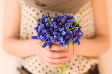 Hands of a young woman holding a bunch of beautiful spring blue flowers. Horizontal