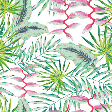 Green palm leaves and pink heliconia flower on the white background. Vector seamless pattern. Tropical illustration. Jungle foliage.