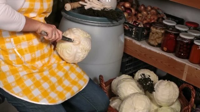 Preparing whole sour or pickled cabbage in the pantry - cutting the core, closeup