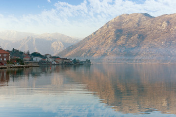 Bay of Kotor near seaside Stoliv village. Montenegro, winter