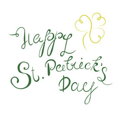 Happy St. Patrick's Day lettering with clover shamrock. Traditional Irish hollyday background.