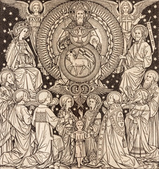 Fototapeta na wymiar BRATISLAVA, SLOVAKIA, NOVEMBER - 21, 2016: The lithography of Holy Trinity in Missale Romanum by unknown artist with the initials F.M.S from end of 19. cent. and printed by Typis Friderici Pustet.