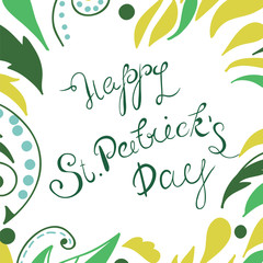 Happy St. Patrick's Day lettering with clover shamrock. Traditional Irish hollyday background.