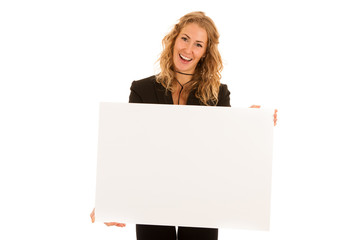 Naklejka premium Sign board. Woman holding big white blank card. Positive emotion