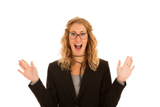 Excited business woman with hands up screaming isolated over whi