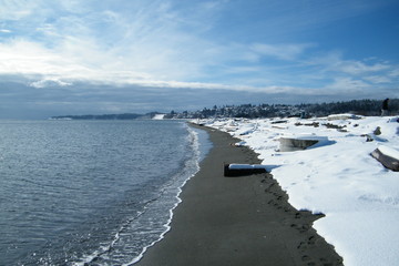 Fototapeta na wymiar Snow on a Sandy Ocean Beach