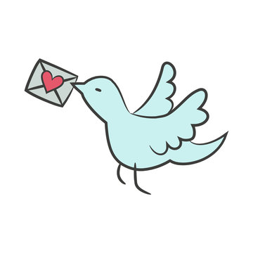 Cartoon bird with love letter on the white background for your d