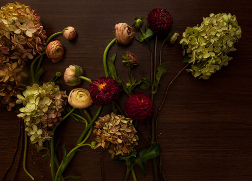 Overhead view of variety of flowers on wooden background