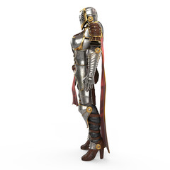 Obraz premium medieval armor of fantasy full of women with a closed helmet and red cape. isolated white background. 3d illustration