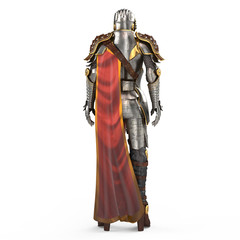 Fototapeta premium medieval armor of fantasy full of women with a closed helmet and red cape. isolated white background. 3d illustration