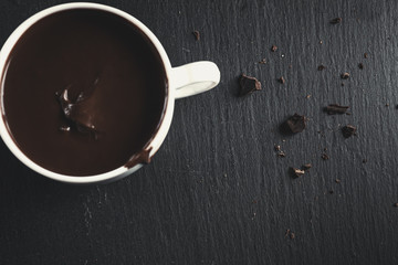 Hot chocolate with bitter chocolate. On a black chalkboard