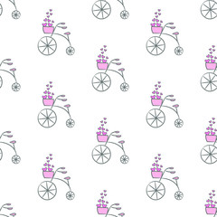 Seamless pattern with bicycles and hearts.