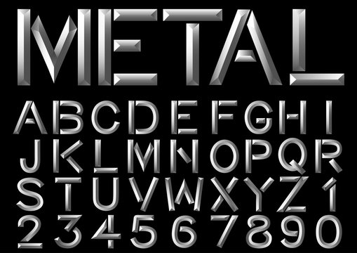 Metal typeface beveled set of letters on black background. Vector font.