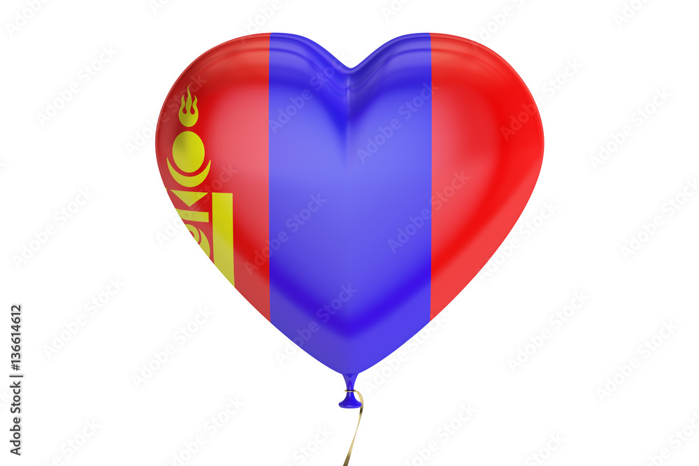 Poster balloon with mongolia flag in the shape of heart, 3d rendering