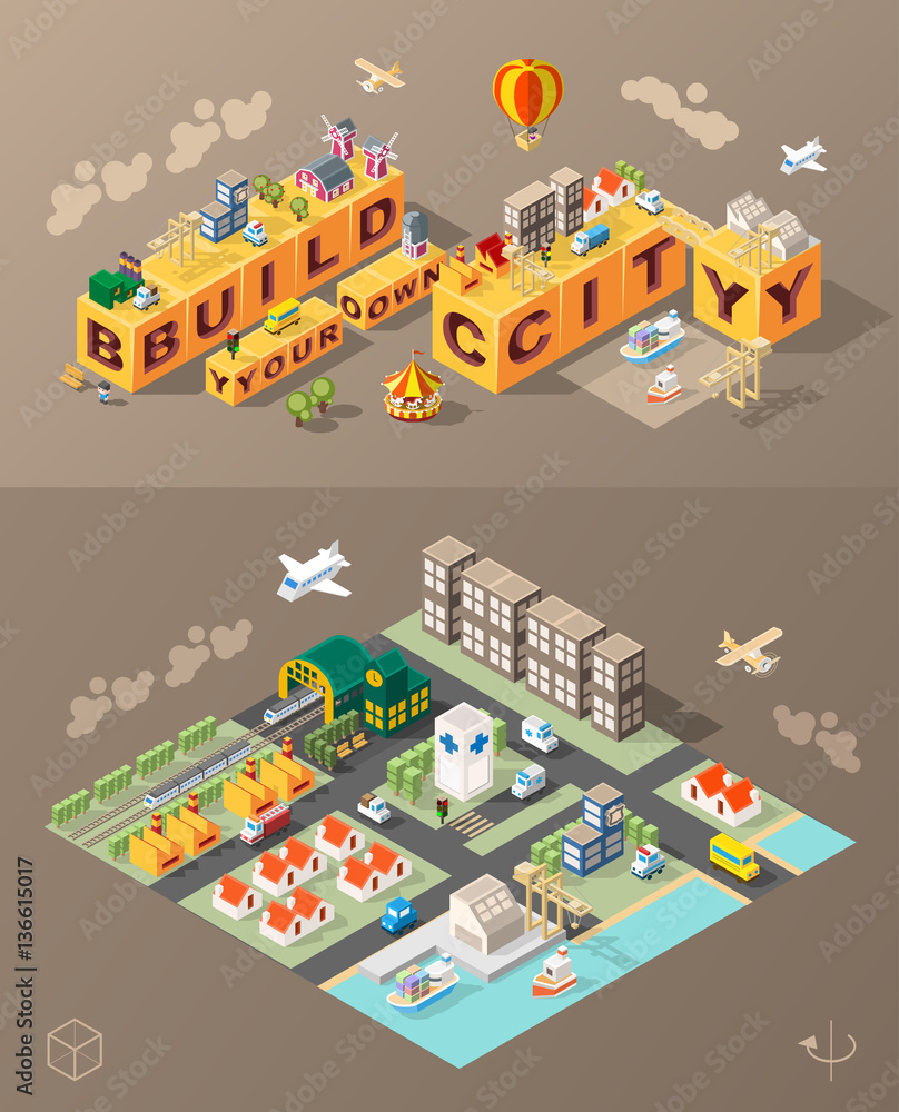 Poster build your own city . set of isolated minimal city vector elements
