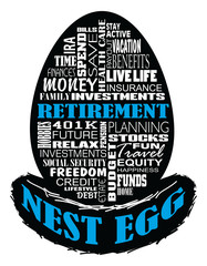Retirement - Nest Egg is an illustration of an egg shape containing retirement related text sitting on a nest shaped silhouette. Represents retirement planning, problems and rewards.