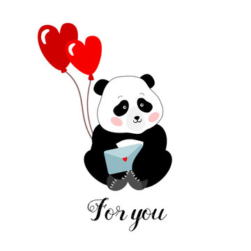 Panda with baloons in a shape of heart, vector illustration