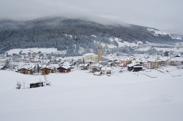 View of Padola village in winter. Italian Dolomites