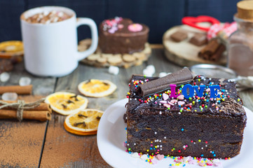 piece of chocolate cake on a white plate