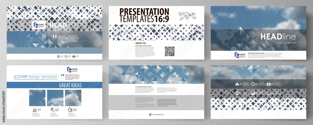 Poster business templates in hd format for presentation slides. vector layouts in flat style. blue color pa