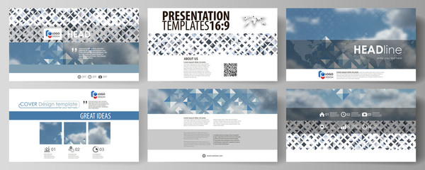 Business templates in HD format for presentation slides. Vector layouts in flat style. Blue color pattern with rhombuses, abstract design geometrical background. Simple modern stylish texture.