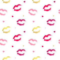 Lips with hearts patterns. Valentines Day pattern. Seamless pattern with a lipstick kiss prints on white background. Vector illustration