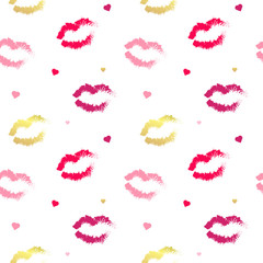 Lips with hearts patterns. Valentines Day pattern. Seamless pattern with a lipstick kiss prints on white background. Vector illustration