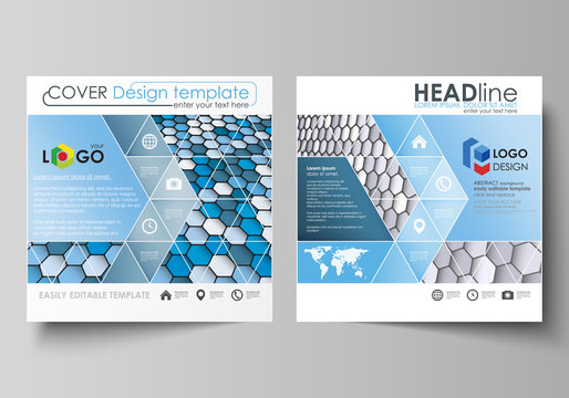 Business templates for square design brochure, magazine, flyer, annual report. Leaflet cover, vector layout. Blue and gray color hexagons in perspective. Abstract polygonal style modern background. - Powered by Adobe