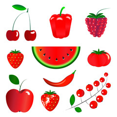 Red fruits and vegetables, set, isolated on white background, vector illustration.
