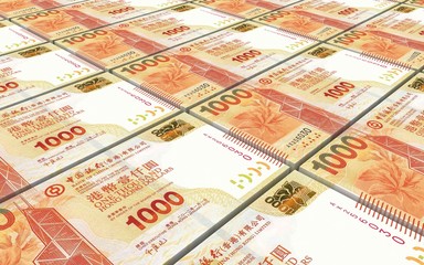 Hong Kong dollar bills stacked background. 3D illustration.