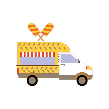 Street ice cream truck, food caravan. Ice cream van delivery. Flat icon transport. Vector illustration eps10