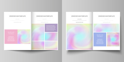 Business templates for bi fold brochure, flyer. Cover design template, abstract vector layout in A4 size. Hologram, background in pastel colors, holographic effect. Blurred pattern, futuristic texture