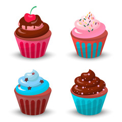 Sweet food chocolate creamy cupcake set isolated vector illustration