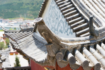 Roof at Lama Temple, Shangrila Old town. a famous landmark in the Ancient city of Shangrila, Yunnan, China.