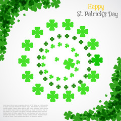 Vector Happy St. Patrick's Day poster on the white background with text and clover leaves arranged in a circle and at corners.