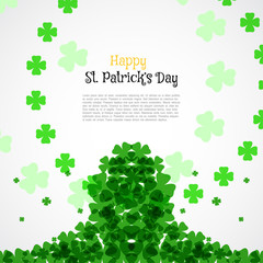 Vector Happy St. Patrick's Day poster on the white background with text and clover leaves arranged in a circle and center.