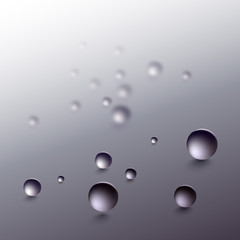 Water drops on a gray background. Round raindrops with shadows, inclined surface. Vector illustration.