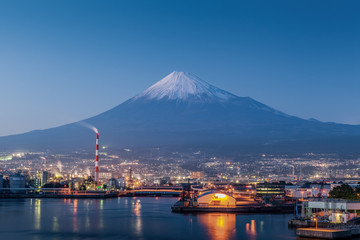 Mountain Fuji and Japan industry  zone in evening from Shizuoka prefecture..