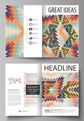 Business templates for bi fold brochure, flyer, booklet, report. Cover design template, abstract vector layout in A4 size. Tribal pattern, geometrical ornament in ethno syle, ethnic hipster background