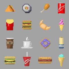 Pixel art food icons vector isolated
