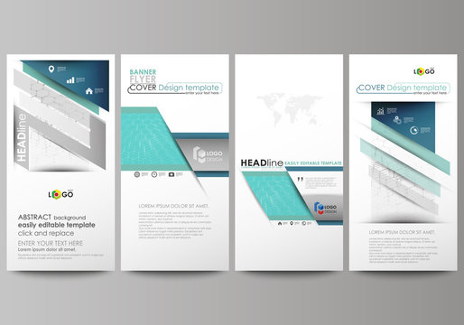 Flyers set, modern banners. Business templates. Cover design template, abstract vector layouts. Chemistry pattern, hexagonal molecule structure on blue. Medicine, science and technology concept.