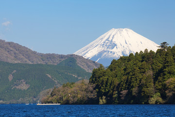 Beautiful Lake ashi and Mountain Fuji in spring season