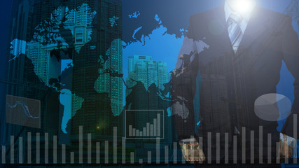 Obraz premium Double exposure businessman stand up with cityscape and financia