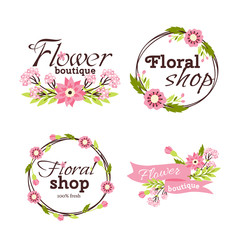 Floral shop badge decorative frame template vector illustration.